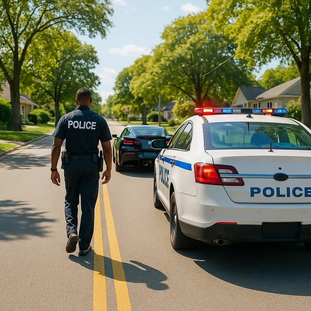 Police officer approaching stopped vehicle during traffic stop on suburban street with patrol car nearby