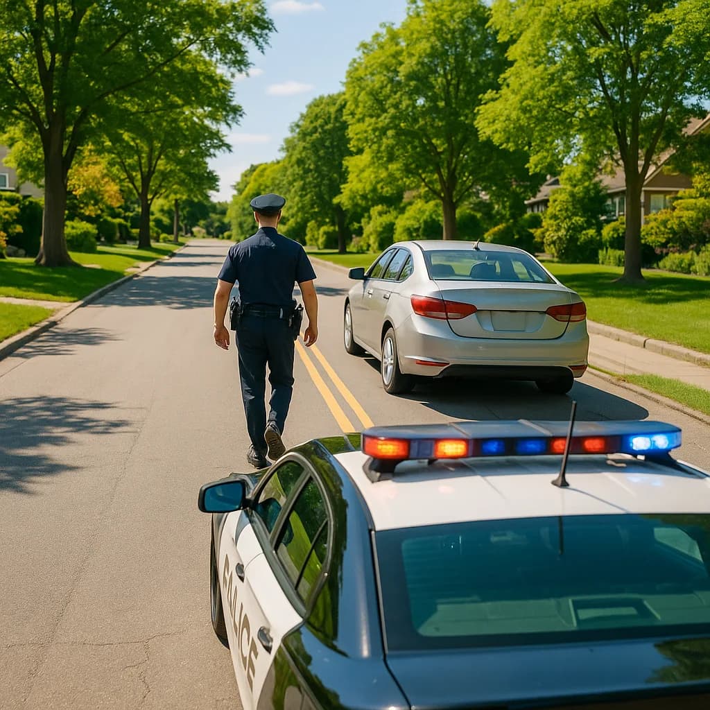Police officer approaching stopped vehicle during traffic stop on suburban street with patrol car lights activated