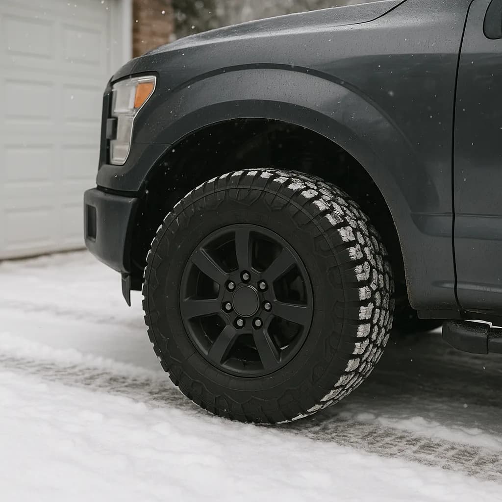Dark gray truck with black all-terrain tire in snow, front wheel and fender detail