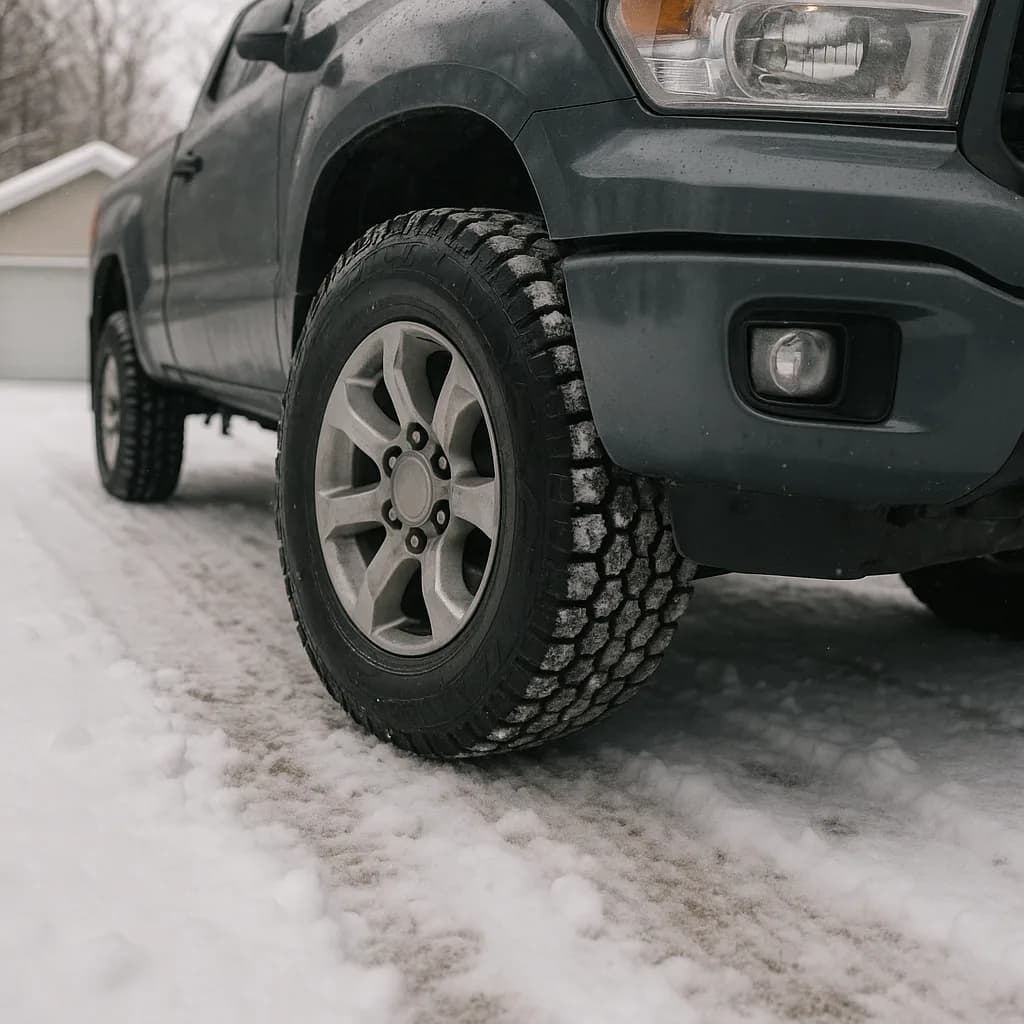 Dark pickup truck with all-terrain tire on snowy driveway in winter