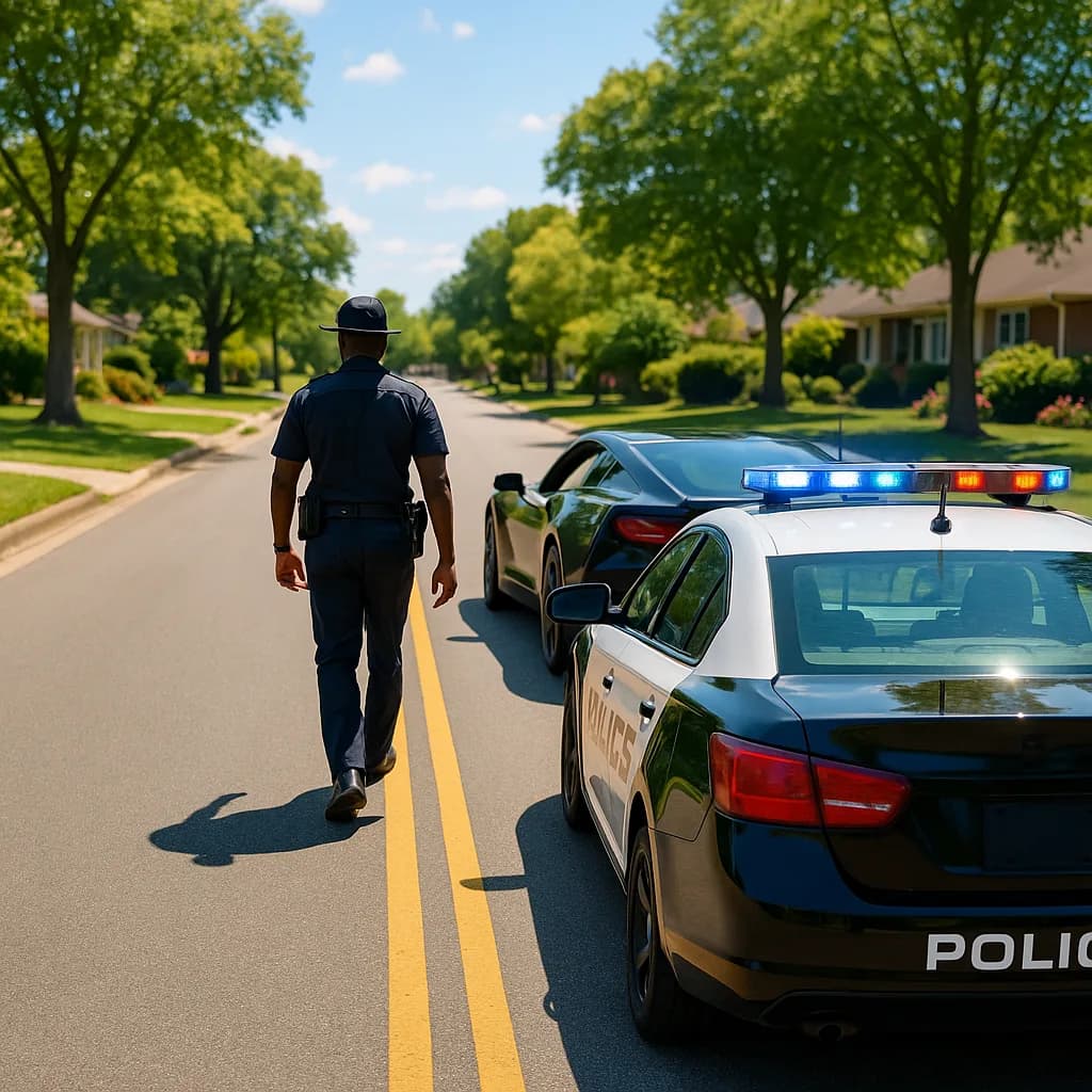 Police officer conducting traffic stop on suburban street with patrol car and black vehicle