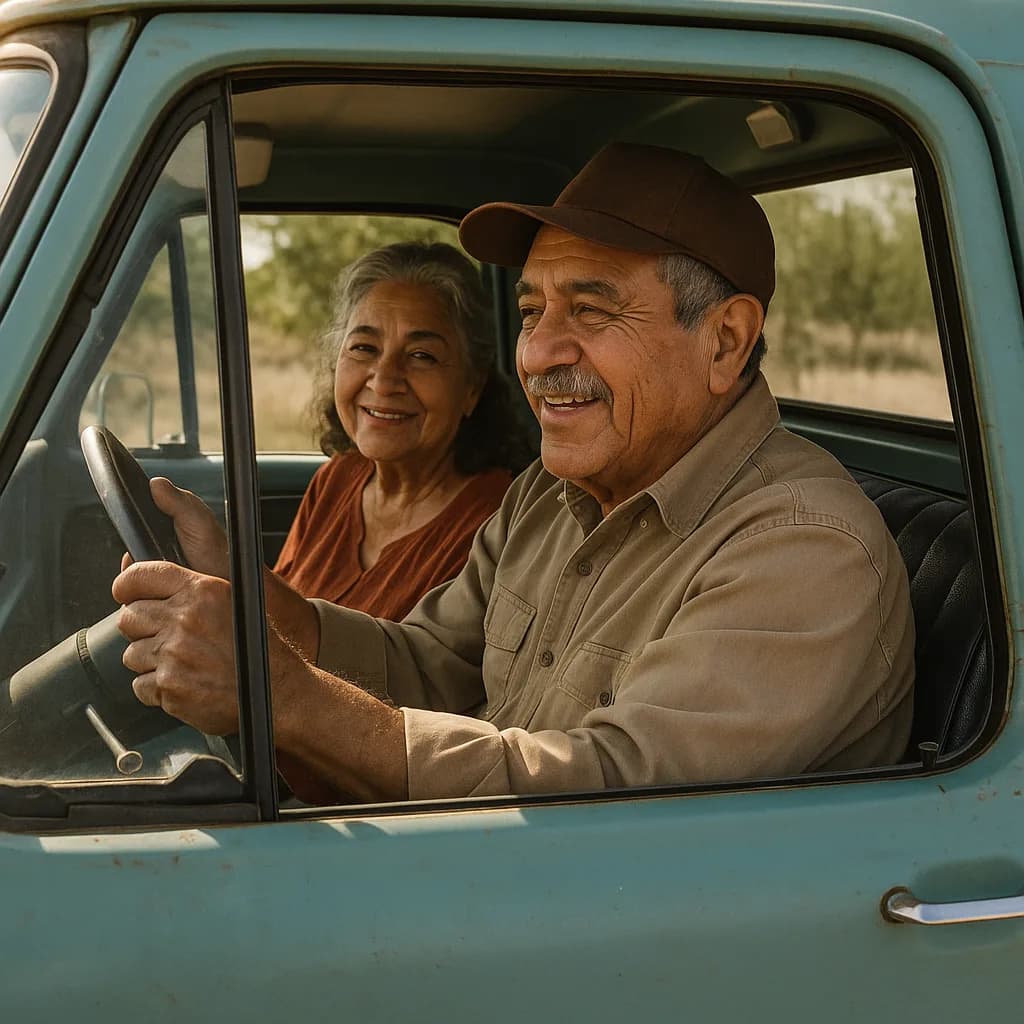 Happy senior couple smiling together in vintage turquoise truck cab during golden hour