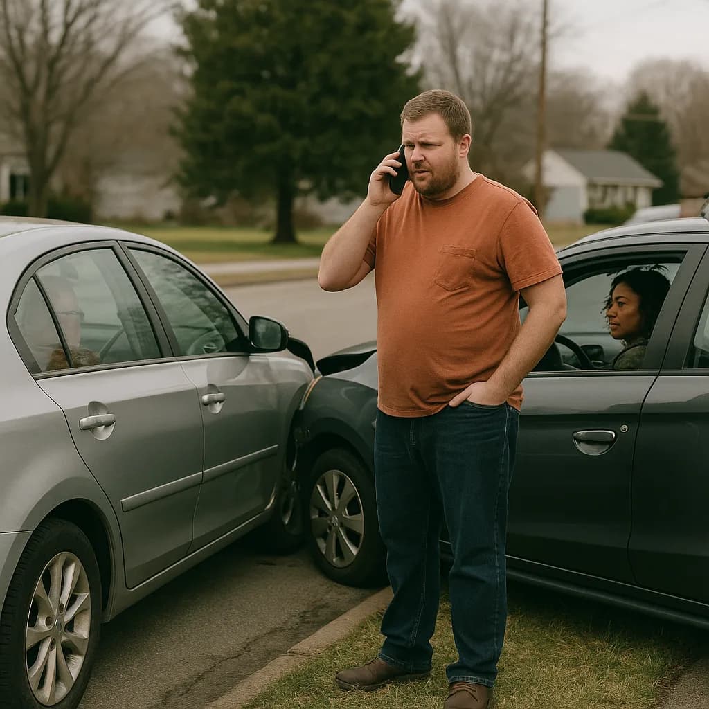 Man on phone between two cars after minor accident in suburban neighborhood