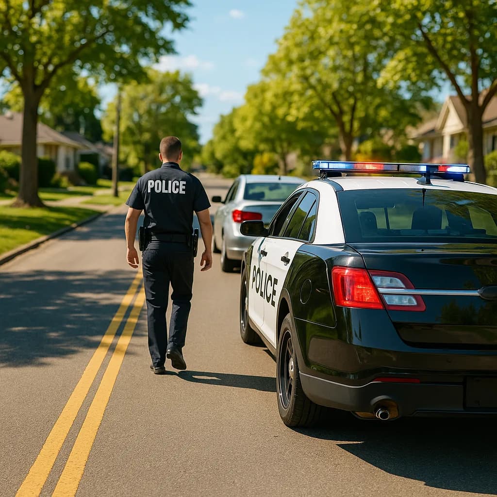 Police officer conducting traffic stop on suburban street with patrol car and stopped vehicle